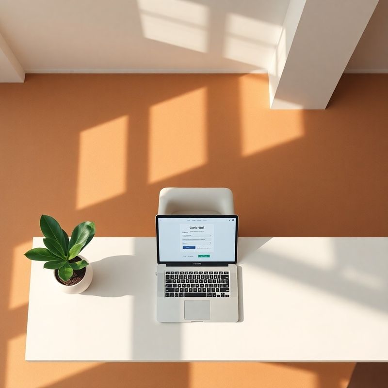 Scrivania minimalista con laptop aperto su un modulo di contatto