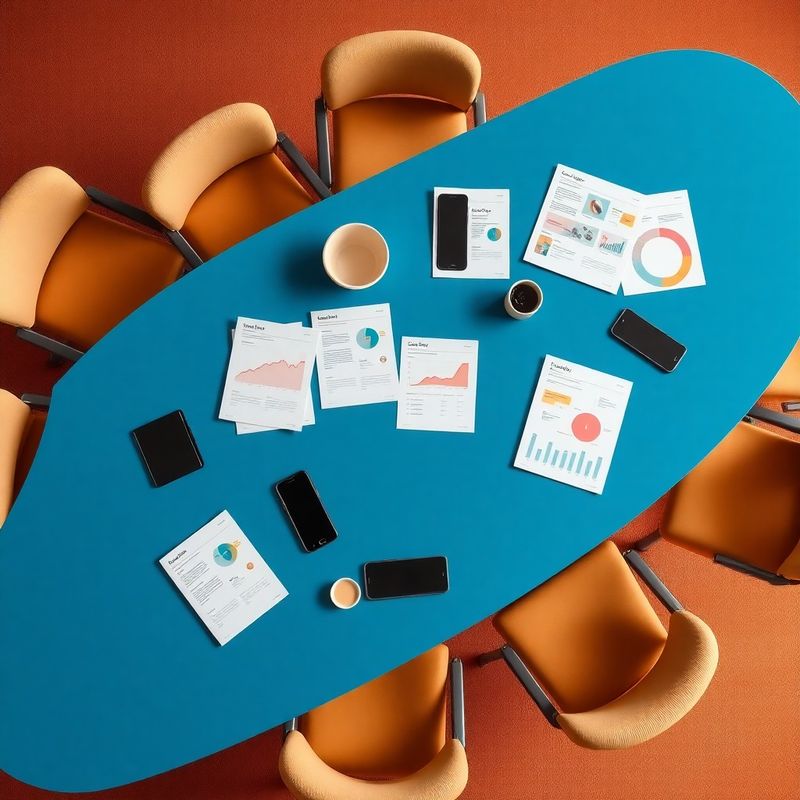 Documenti di case study e mockup dispositivi su un tavolo di riunione